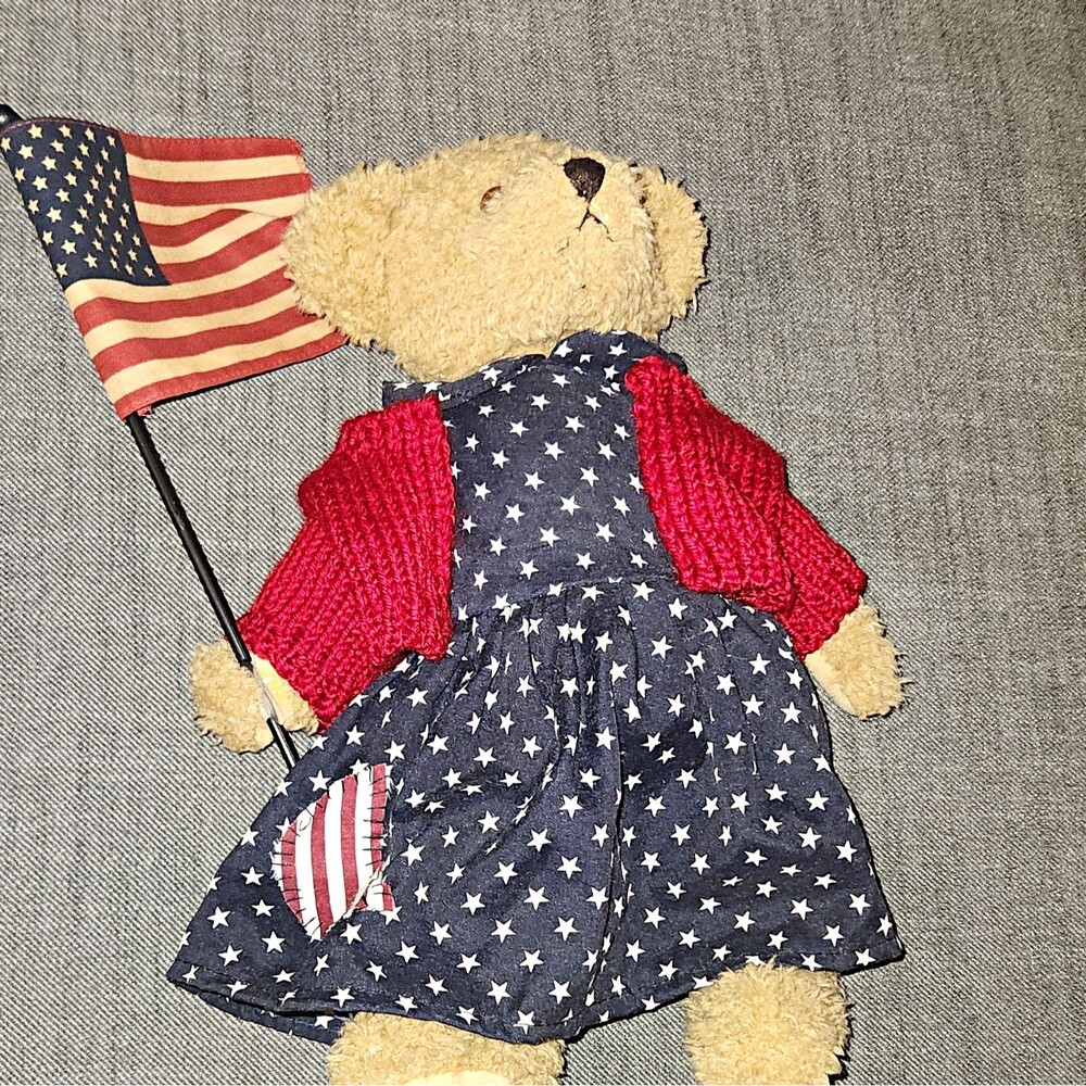 Beige Plush Fully Jointed Teddy Bear Patriotic Stars Dress, Sweater & Flag 14 in